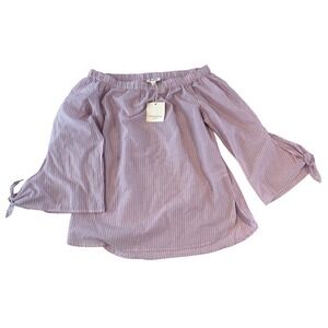 Beachlunchlounge Paige Off Shoulder Striped Bell Sleeve Cotton Top Bubble Gum M